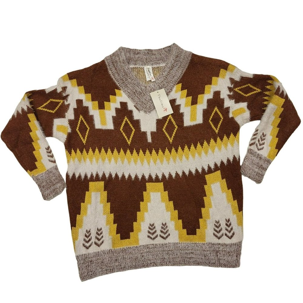 Pinklicious Aztec Dust Knit Sweater V Neck Womens OS White Brown Yellow